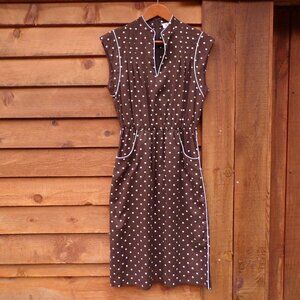 Vintage R&K Women's Day Dress Sleeveless Summer Midi Brown Polka Dot Zip Back